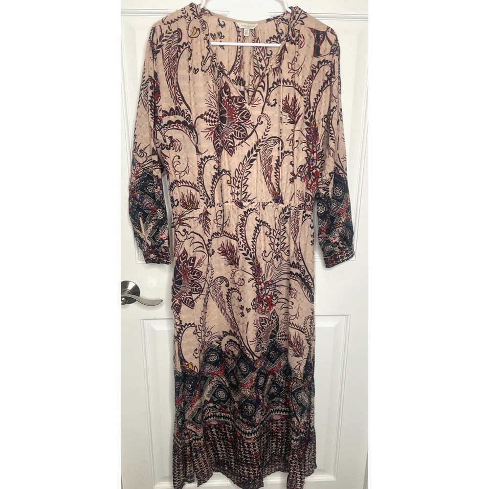 Lucky Brand Women's Border Print Maxi Dress Sz L Lined Boho Peasant Prairie